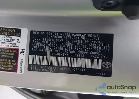 2009 Toyota Camry Le from USA, damaged, VIN 4T4BE46KX9R078643